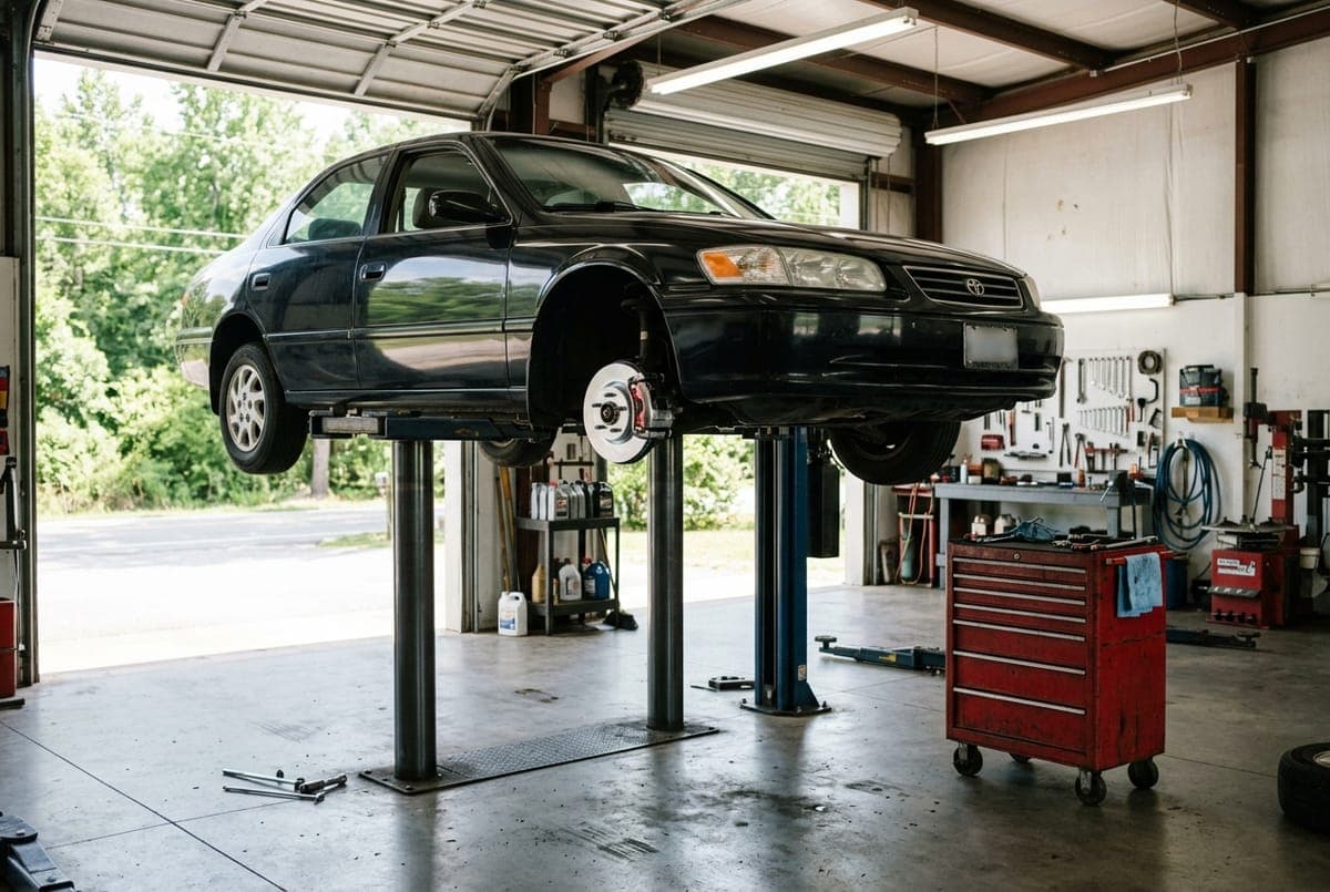 A sedan on a lift in a clean repair bay with a new brake rotor showing