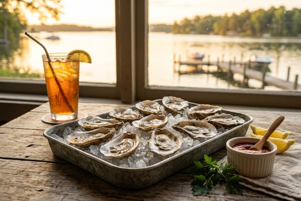 A dozen oysters on ice with lemon wedges by a window overlooking the lake